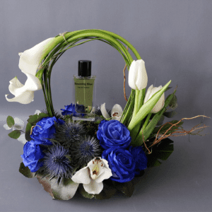 Beaming blue perfume with calla lily and tulips and blue roses