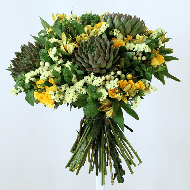succulents, yellow yellow spray roses, statice and mint in a bouquet