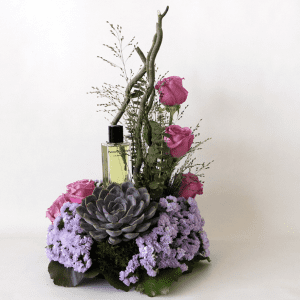 Passionate purple perfume with statice and purple roses