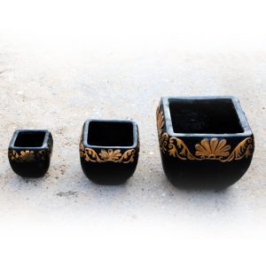 Set of small, medium and large gold and black square pots