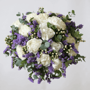 white peony bouquet with purple statice