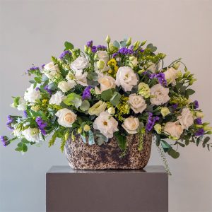 purple and white flowers in a pot