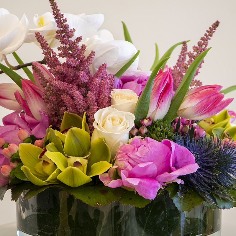 Close up of pink and green flower arrangement