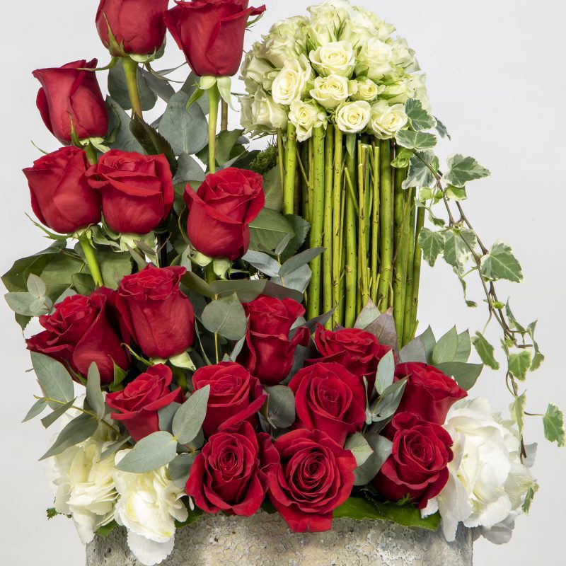 close us of red and white flower arrangement