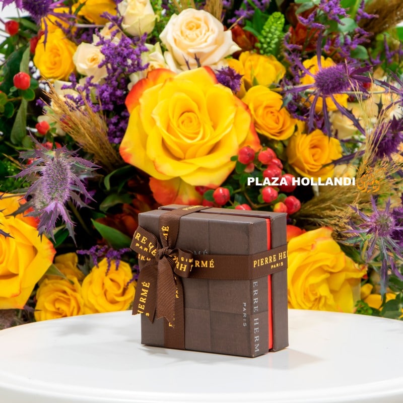 flower bouquet with chocolate box close up