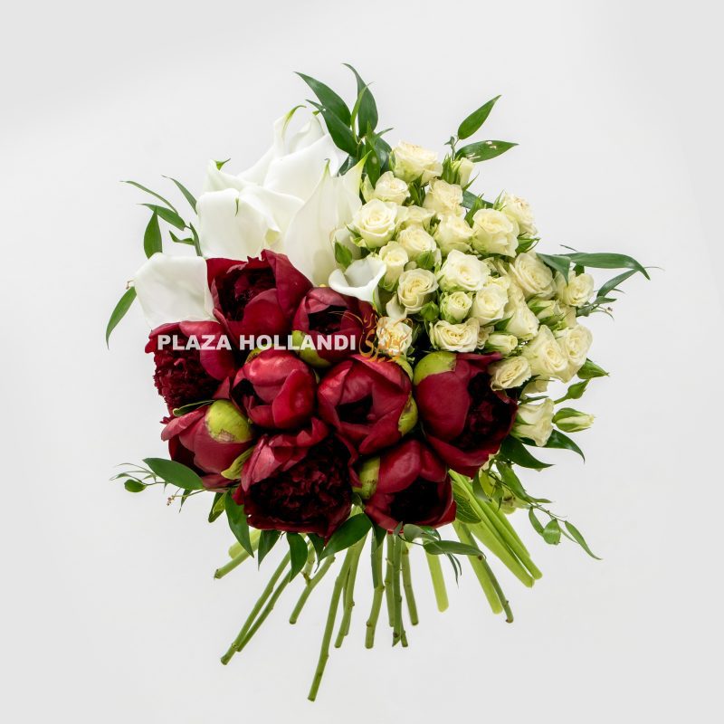 Maroon peonies and white roses and calla lily