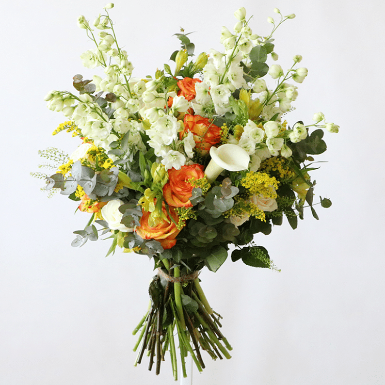 Delphinium, rose flower and calla lily bouquet
