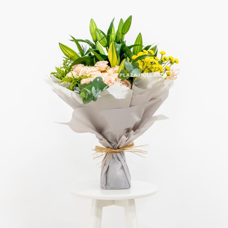 Bouquet of lily, roses, chrysanthemum flowers
