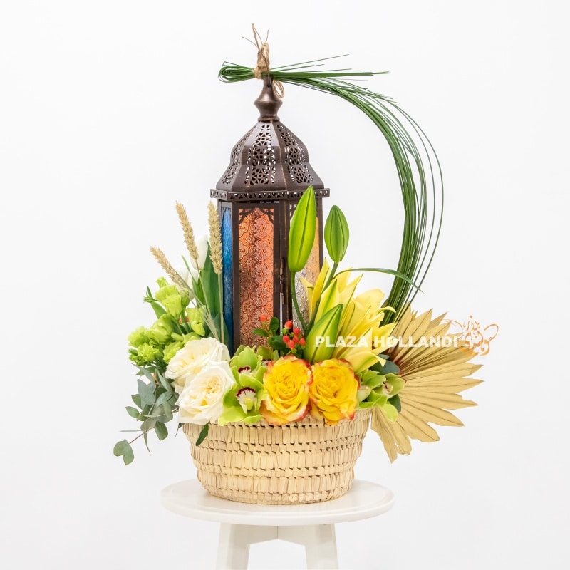 Lantern with flowers in a basket