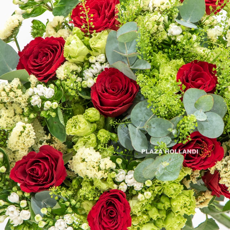 close up of red and green flower bouquet