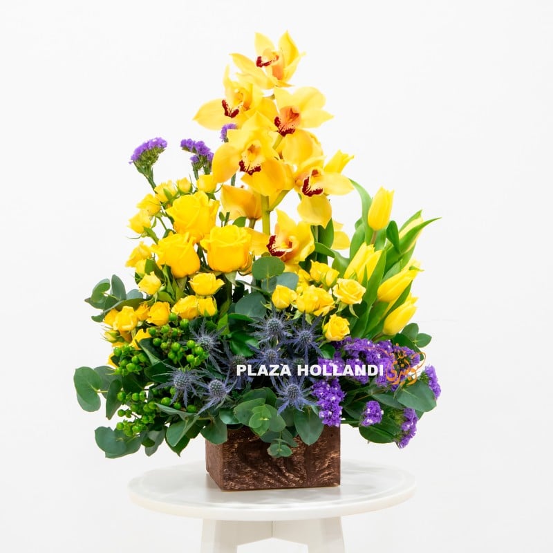 Purple and yellow flower arrangement