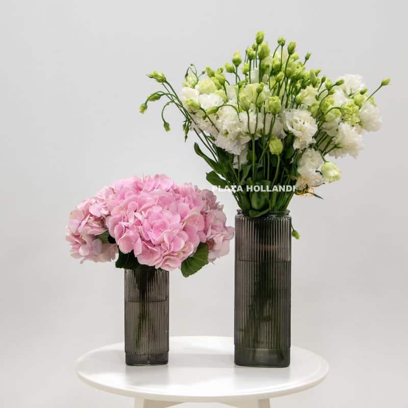 Pink hydrangea & White eustoma in a glass vase