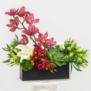 Black box filled with orchids, eustoma, spray rose and calla lily flowers