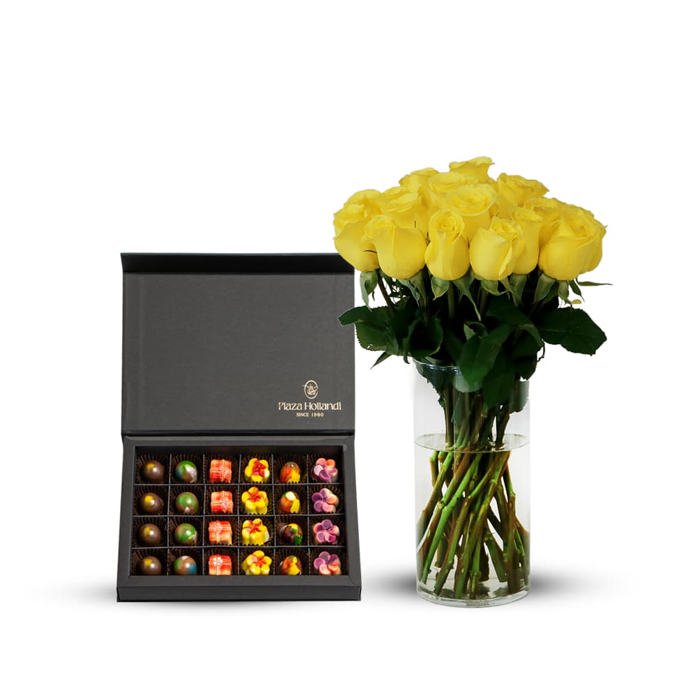 03 25 Yellow X-Citing Garden Rose with Glass Vase and Chocolate