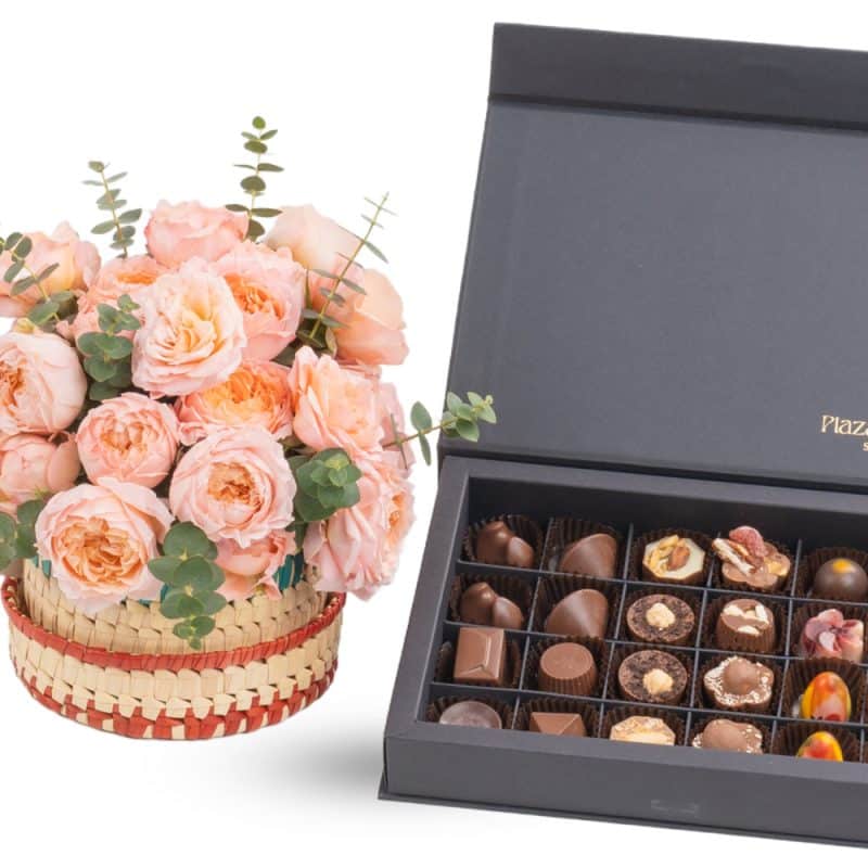 Peach Spray Roses Basket Delights With Chocolate