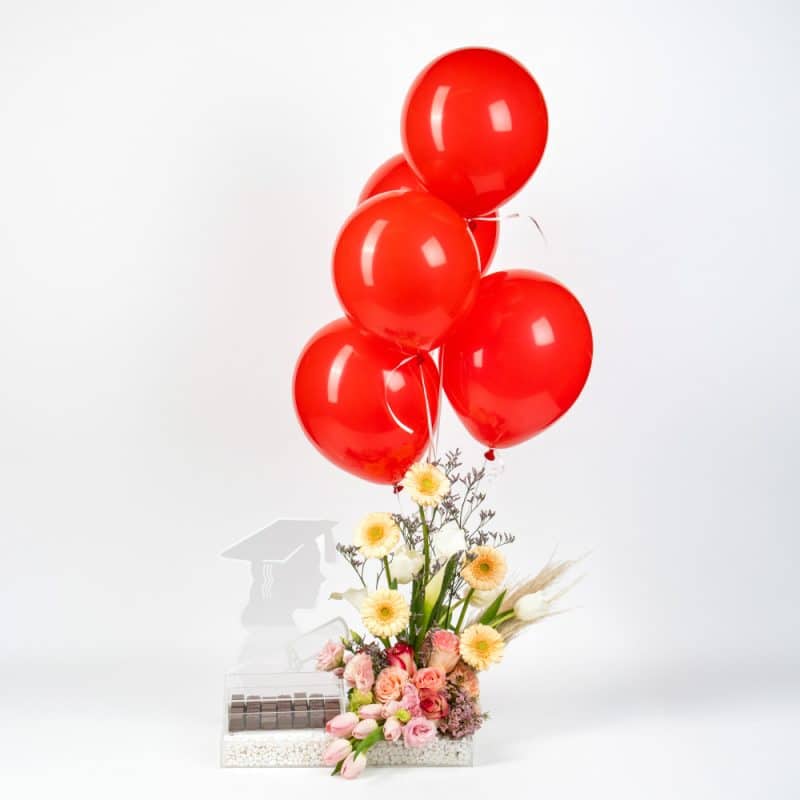 Peach Gerbera and Pink Tulip Celebration with Red Balloon