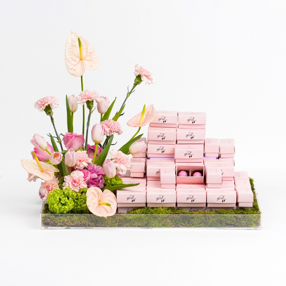 2.twojpg Baby Girl: Pink roses, Tulips with Crunchy Filled Chocolates