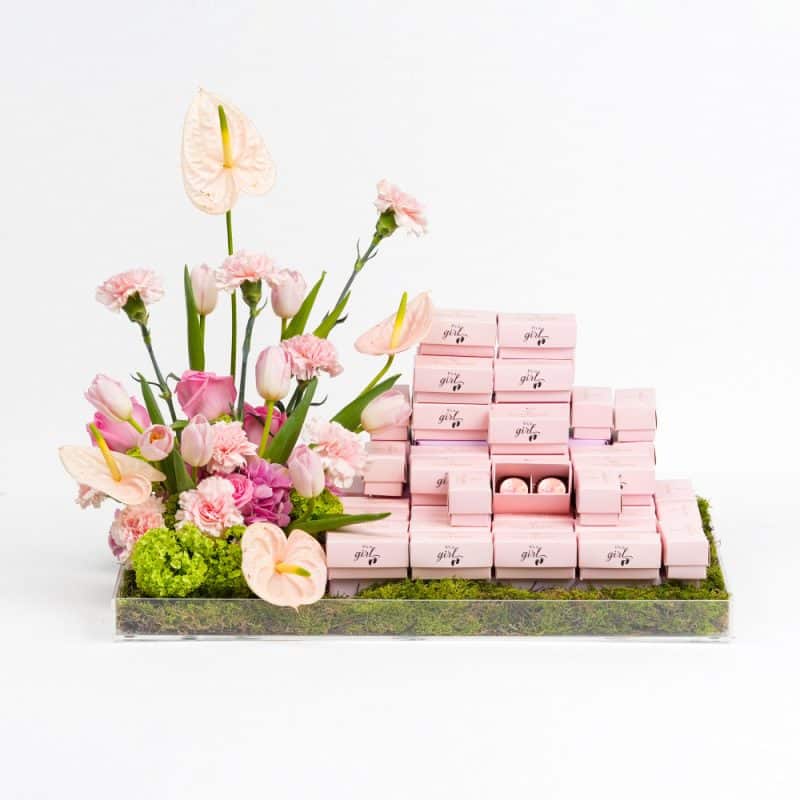 Baby Girl: Tulips, Roses with Coconut Filled Chocolates