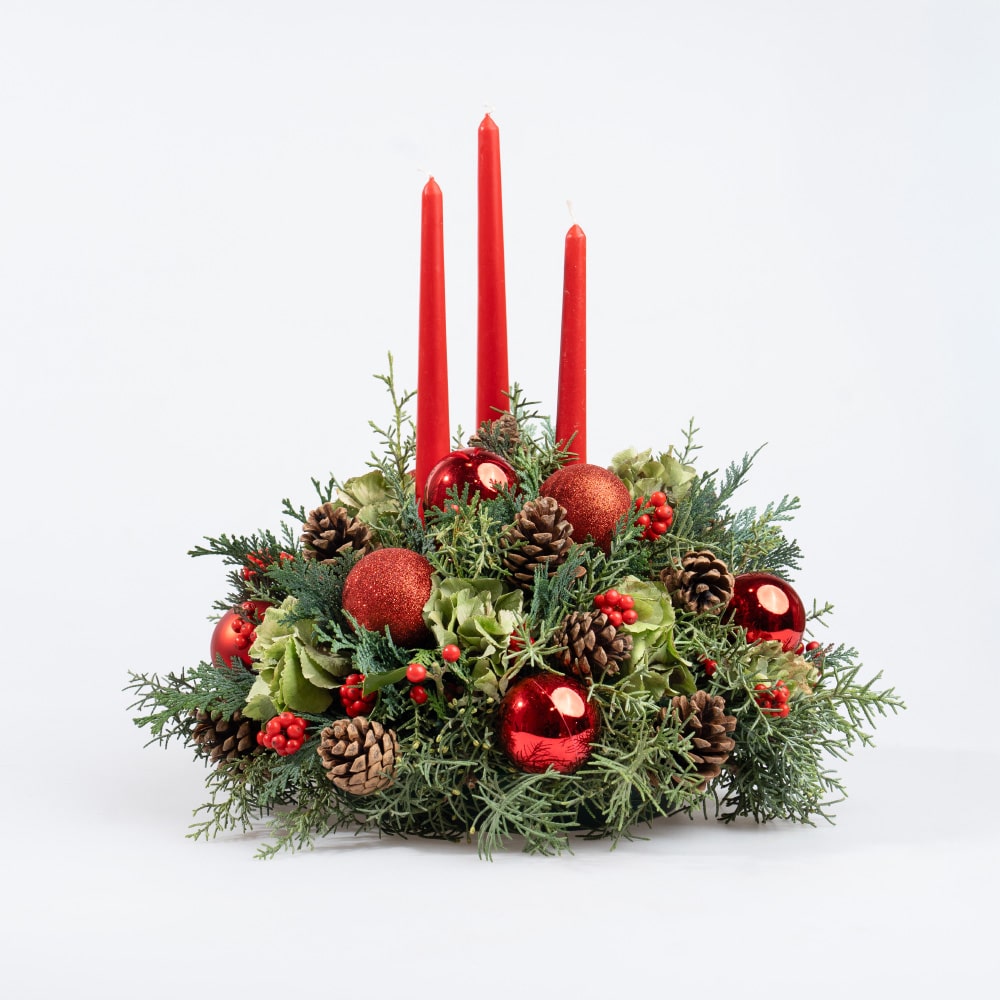 Triple Sparkle Red Candle Centerpiece with Pinecones & Ornaments 1 Triple Sparkle Red Candle Centerpiece with Pinecones & Ornaments