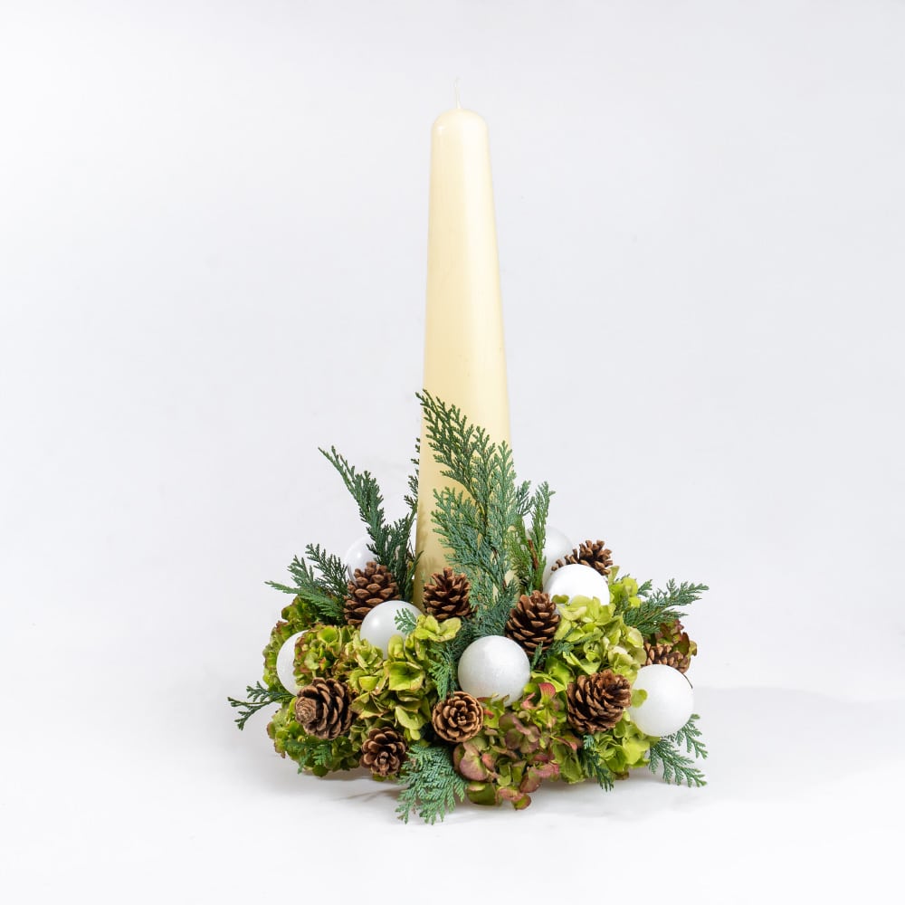 Pure Glow Cream Candle, Ornaments, and Pinecones Arrangement 5 Pure Glow Cream Candle, Ornaments, and Pinecones Arrangement