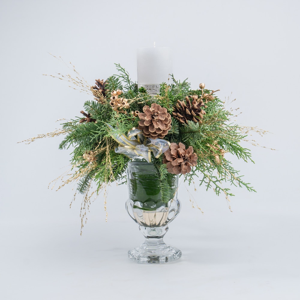 Centerpiece Arrangement with White Candle, Ornaments in Glass Vase 3 Centerpiece Arrangement with White Candle, Ornaments in Glass Vase