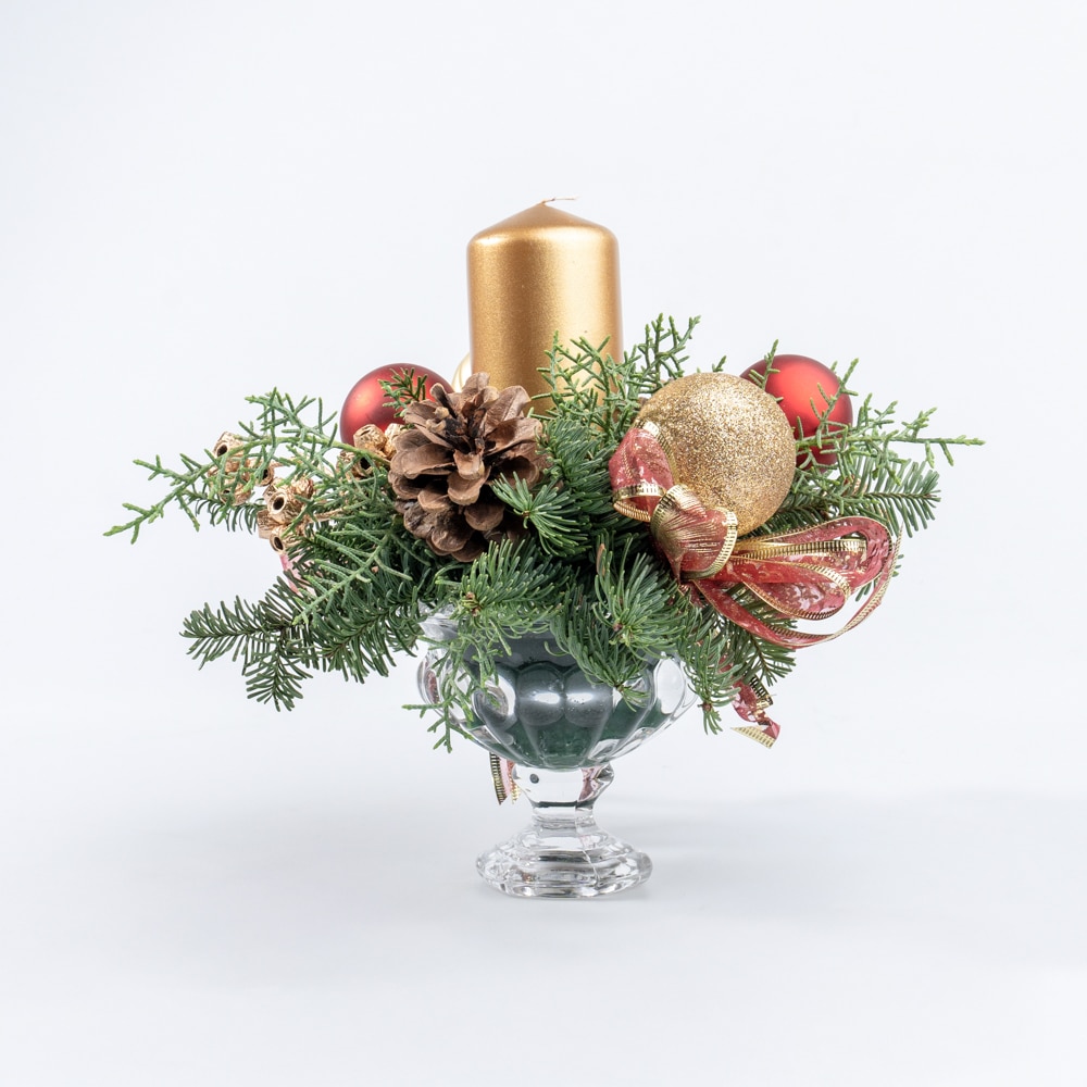 Elegant Centerpiece Arrangement with Candle, Ornaments in Glass Vase 9 Elegant Centerpiece Arrangement with Candle, Ornaments in Glass Vase