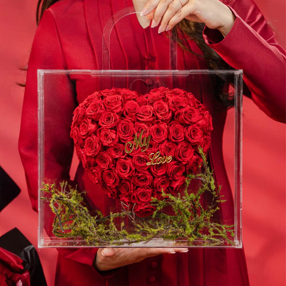 10 Acrylic Flower Bag (40 cm)-Preserved Roses & "My Love" Tag