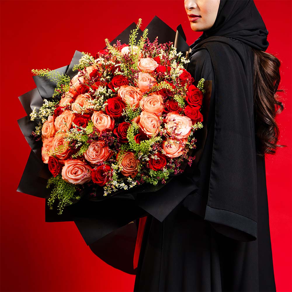 17 Love & Light: Orange & Red Roses with Limonium & Balloon
