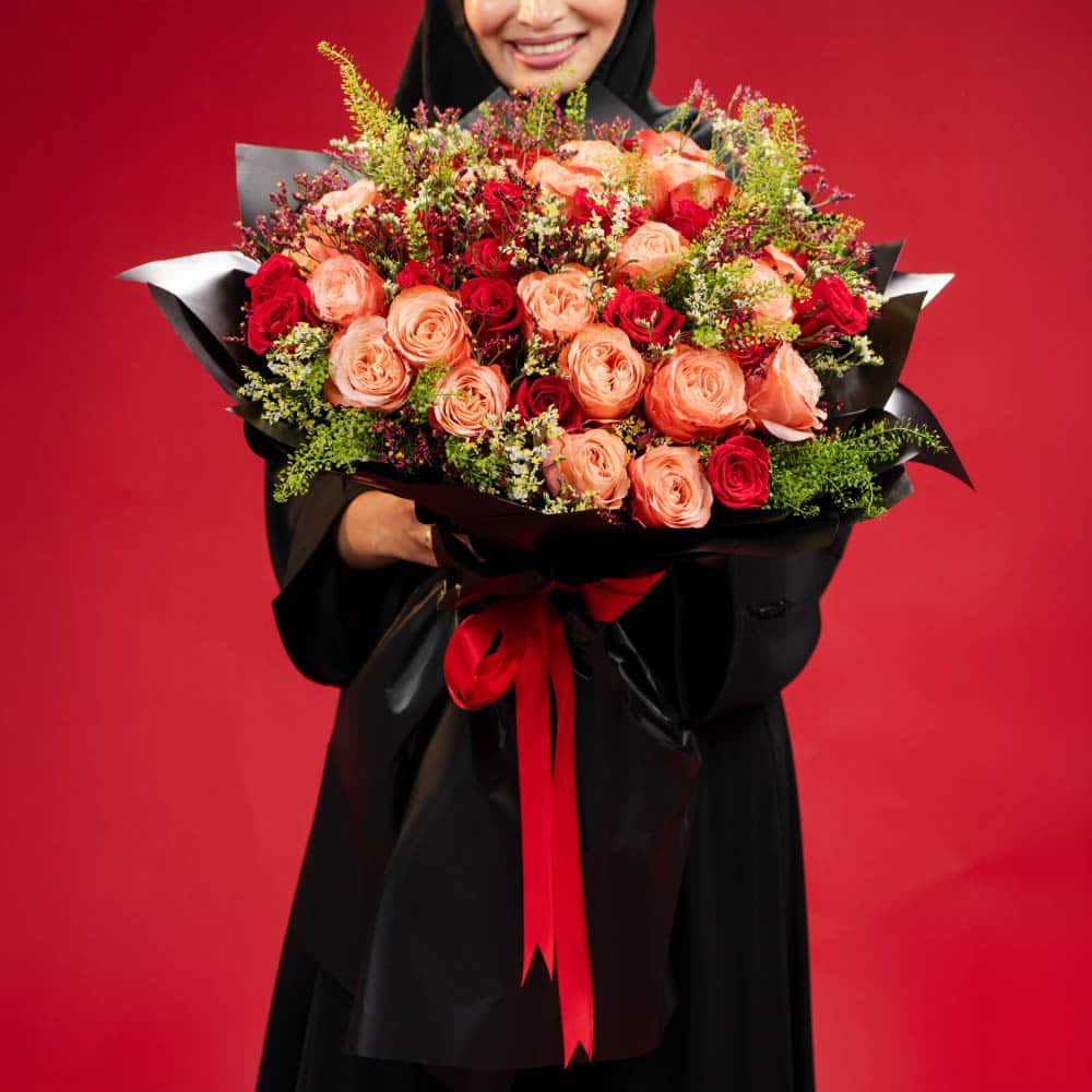 4 Love & Light: Orange & Red Roses with Limonium & Balloon