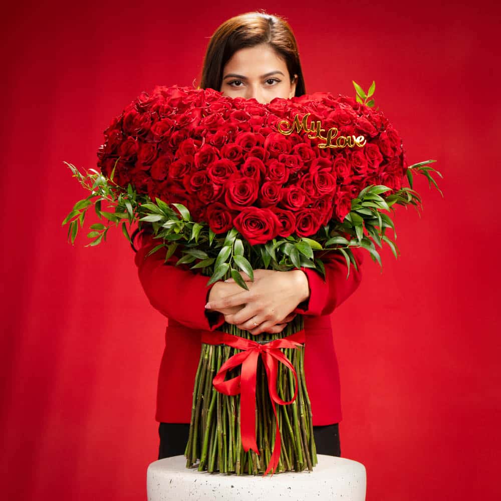 5 "My Love" Arrangement: Red Roses & Italian Ruscus (60 cm)