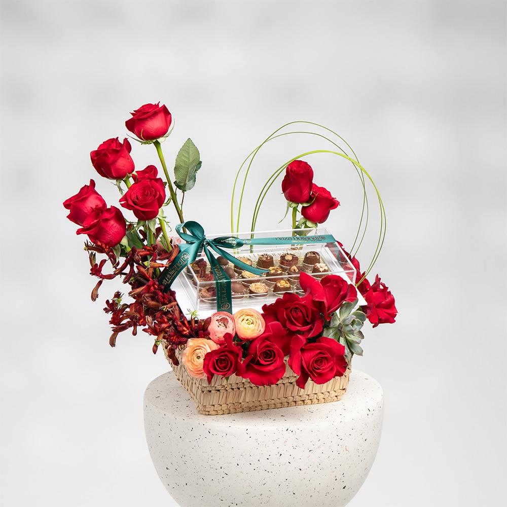 A11 Romantic Basket of Red Roses, Peach Ranunculus & Echeveria with Chocolate