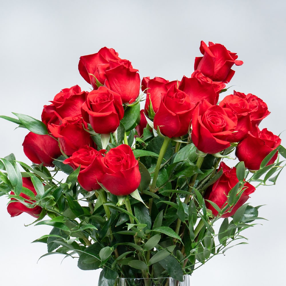 A17.1 Luxurious Red Roses & Italian Ruscus in Glass Vase (H 45 cm)