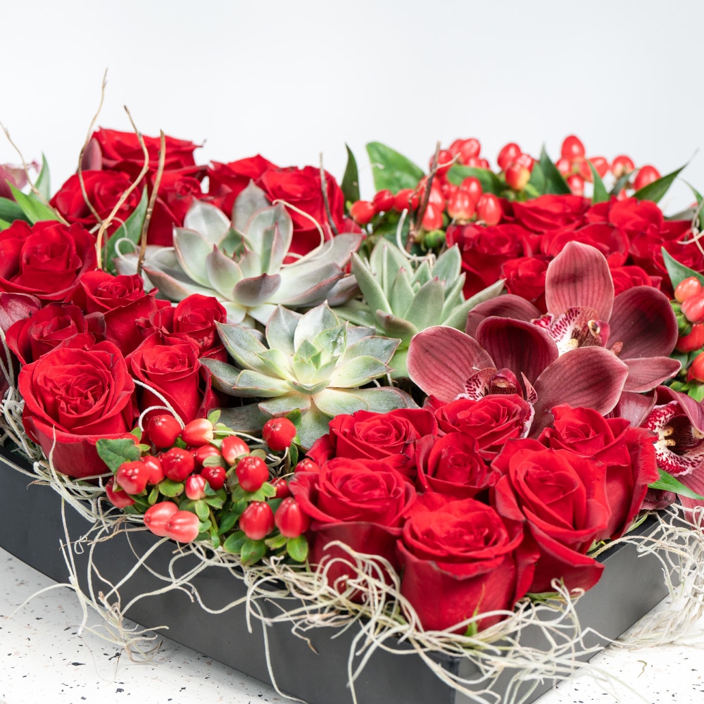 A27.1 Heart-Shaped Floral Box with Red Roses, Cymbidium & Echeveria