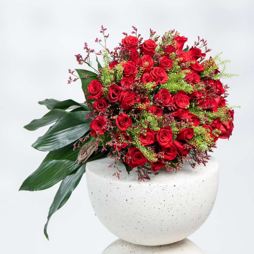 A29 Charming Floral Mix: Red Roses, Limonium, Green Bell & Aspidistra