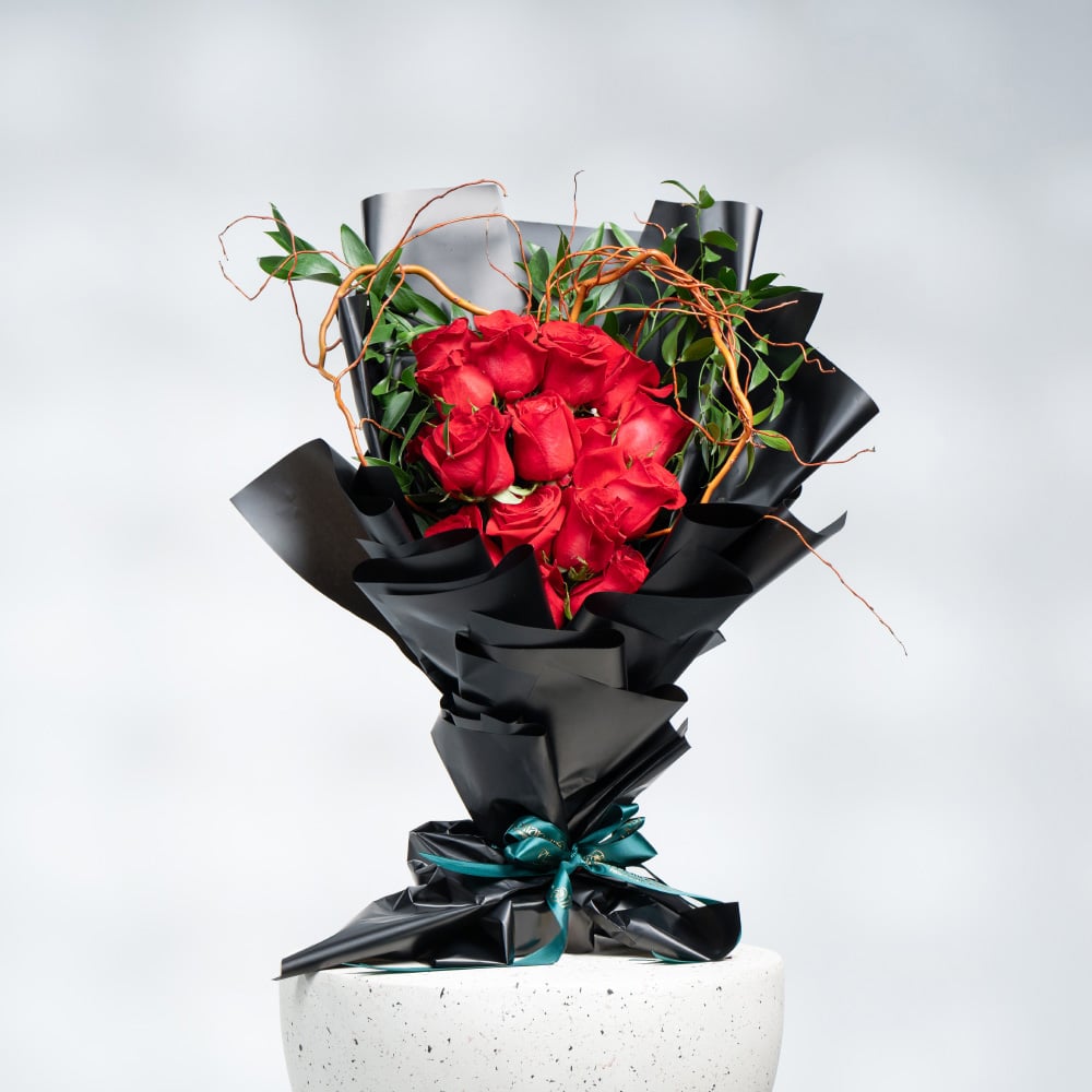 A30 Red Roses with Salix & Italian Ruscus Arrangement