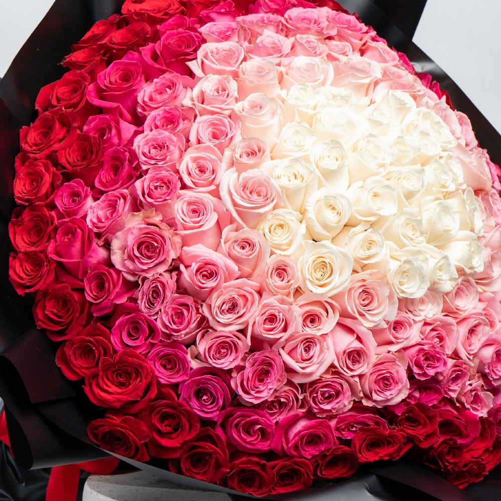 A31.1 Elegant Roses Bouquet: White, Light & Sweet Pink, Dark Fuchsia and Red
