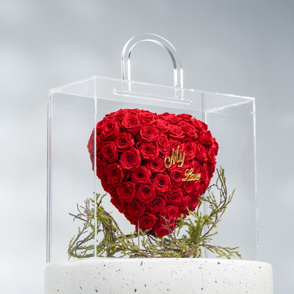 A34.1 Acrylic Flower Bag (40 cm)-Preserved Roses & "My Love" Tag