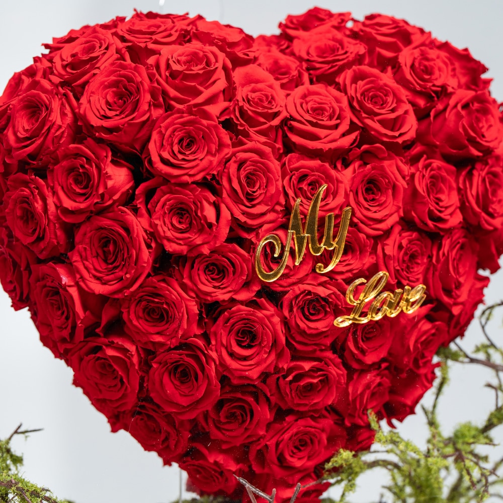 A34.2 Acrylic Flower Bag (40 cm)-Preserved Roses & "My Love" Tag
