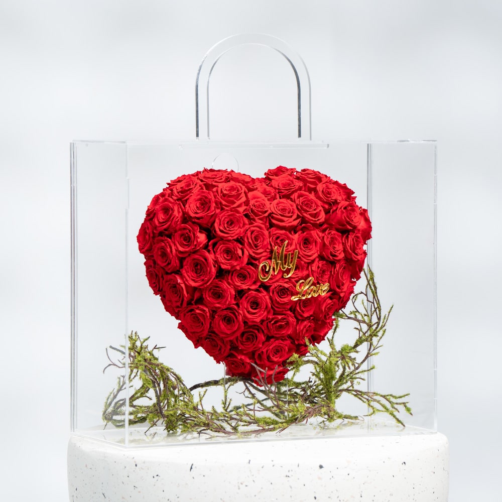 A34 Acrylic Flower Bag (40 cm)-Preserved Roses & "My Love" Tag