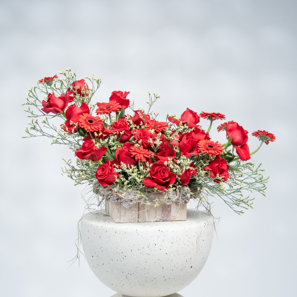 A4.1 Woodland Romance: Red Gerbera, Red Roses & White Limonium