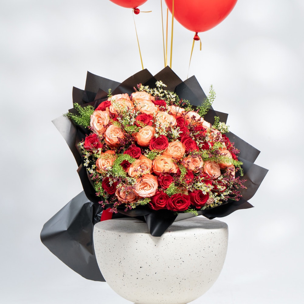 A9.1 Love & Light: Orange & Red Roses with Limonium & Floating Balloon