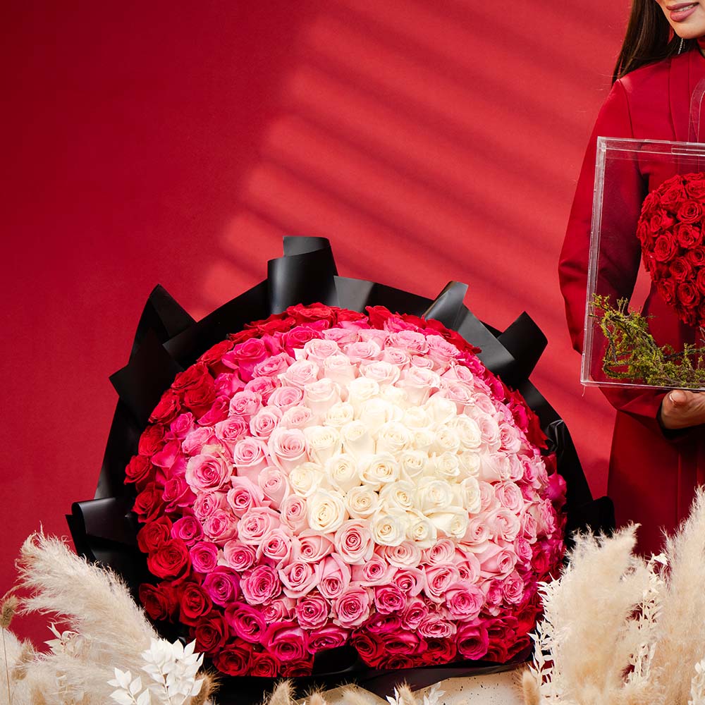 DSC00211 Elegant Roses Bouquet: White, Light & Sweet Pink, Dark Fuchsia and Red