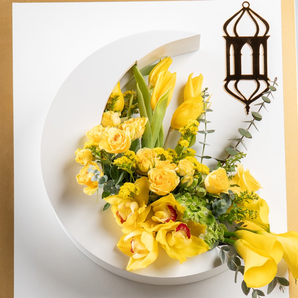 11.2 Radiant Moonlight: Yellow Cymbidium & Callas in Wooden Moon