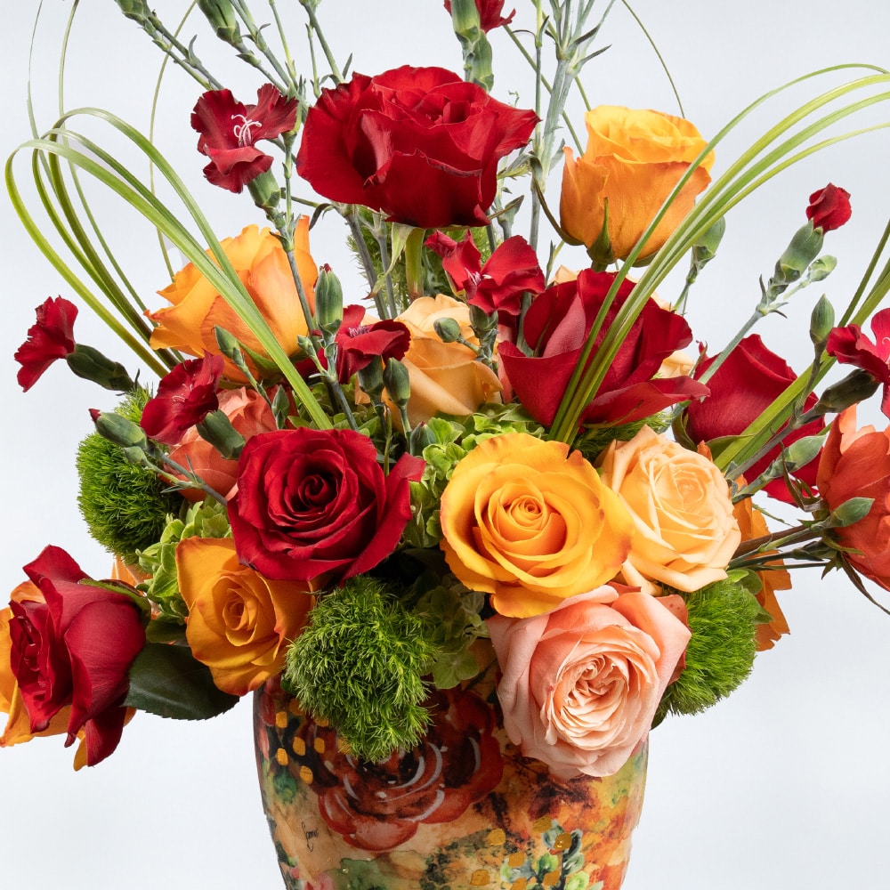 15.2 Red Roses, Red Carnation, Green Carnation, Orange Roses & Peach Roses in Pattern Designer Pot – 60cm