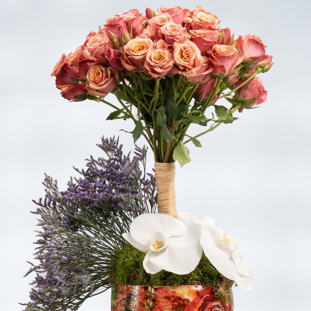 22.2 Limonium & White Cymbidium in Metal Pot – 50cm