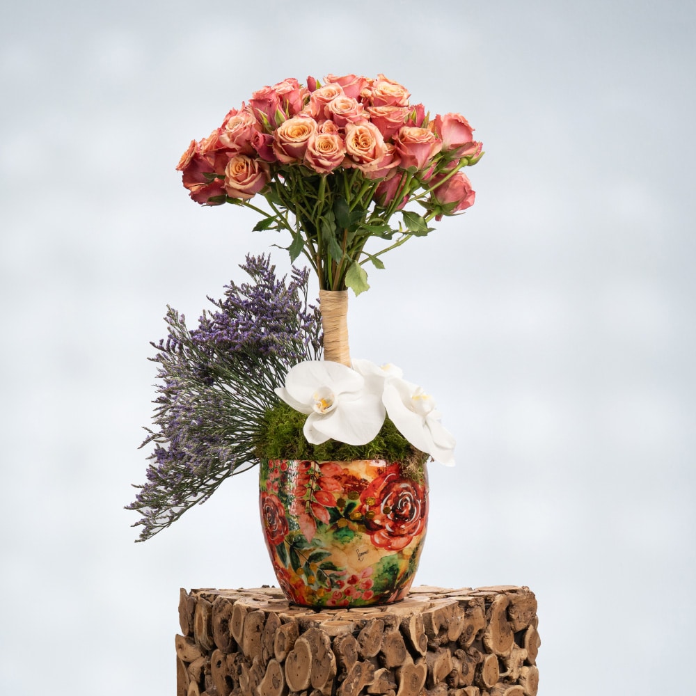 22 Limonium & White Cymbidium in Metal Pot – 50cm