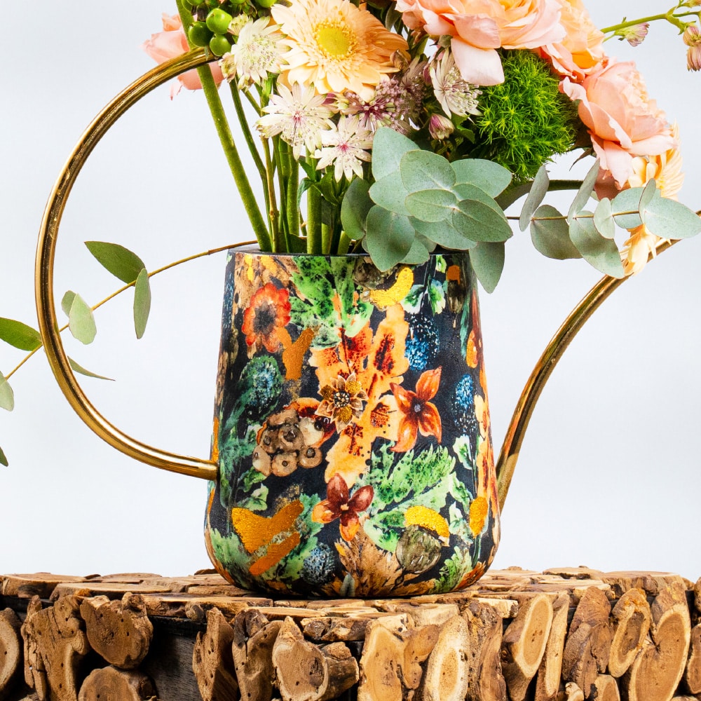 3.3 Whimsical Garden: Peach Roses, Gerbera & Carnation in Designer Pot