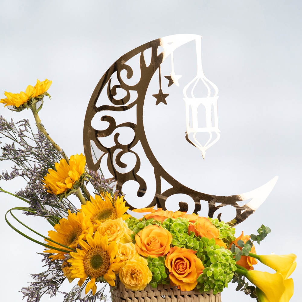 30.2 Calla Lilies, Sunflowers, and Hydrangea in Reed Basket