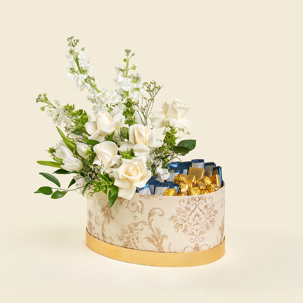 2 Matthiola, White Roses & Hydrangeas Bouquet (35cm) with 1Kg Praline Chocolates – Coleus, Ruscus & White Fillers