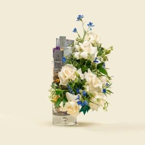 Mother's Day 5 White roses and blue delphinium bouquet with chocolates